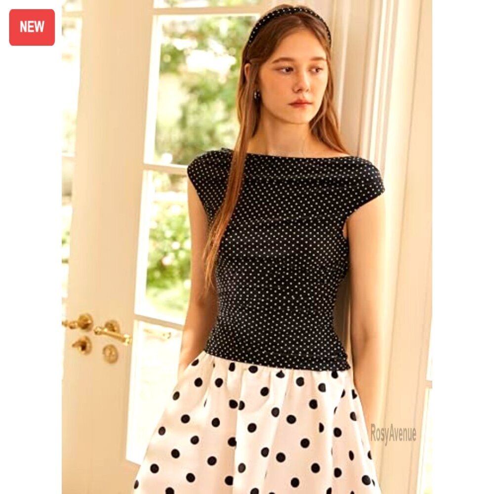 Polka Dot Crop Tank Top with Boat Neck and Ruched Detail - Picture 3 of 7